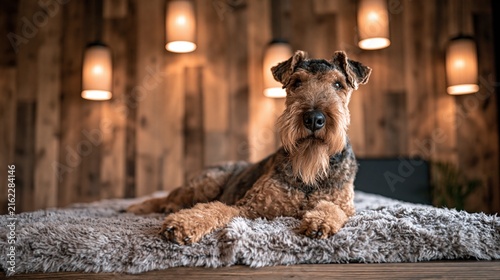 Airedale terrier lies on soft rug in warm indoor setting with hanging lamps