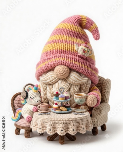 Cute Gnome and Unicorn Enjoying Tea Party with Colorful Treats and Sweets