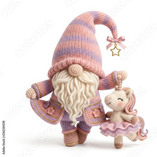 Whimsical Knitted Gnome with Colorful Unicorn Toy in Playful Scene
