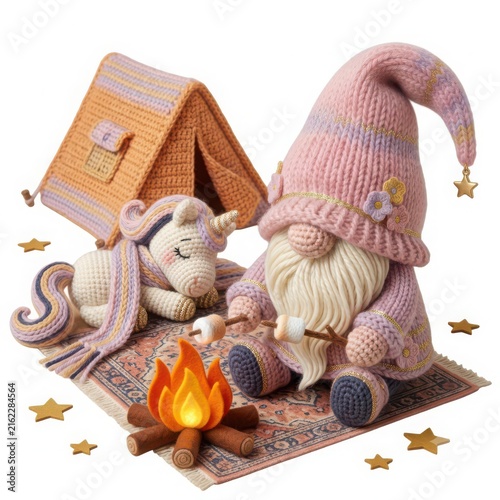 Cozy Scene with Crochet Gnome and Unicorn by Campfire at Night