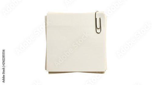 Blank white sticky note with a metal paper clip isolated on a Transparent background