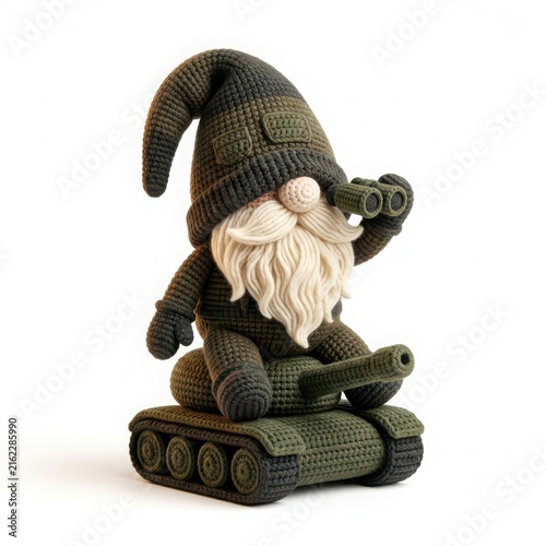 Whimsical Crochet Gnome on Toy Tank with Binoculars in Unique Style