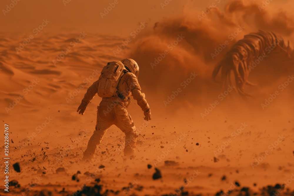 Obraz premium Astronaut facing giant alien worm creature on dusty red planet