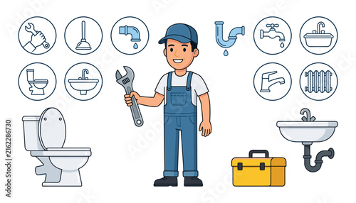 Professional plumber character holding wrench vector illustration set with service repair line icons toilet sink toolbox and leaking pipes