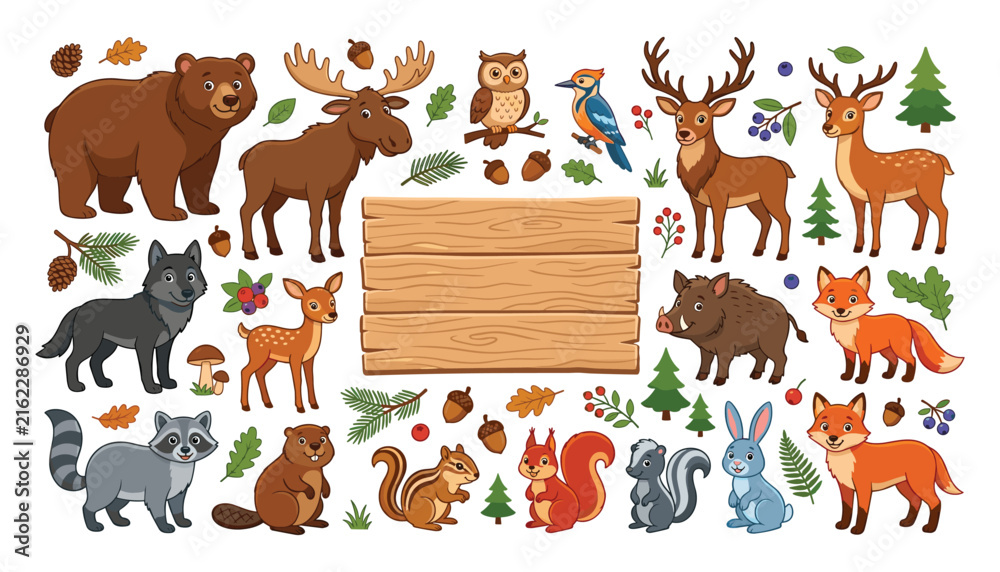 Fototapeta premium Woodland animal characters collection vector illustration with blank wood banner elk owl rabbit and pine trees