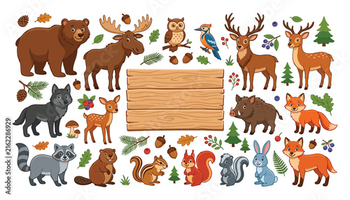 Quadro su tela Woodland animal characters collection vector illustration with blank wood banner