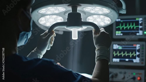 Close-Up Of Medical Staff Adjusting Overhead Surgical Light In Emergency Department Resuscitation Bay