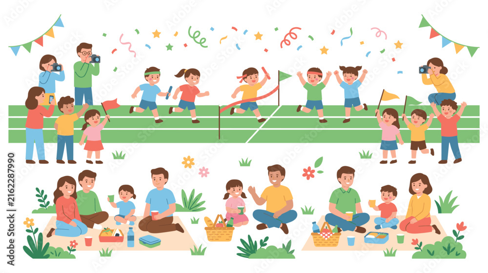 Fototapeta premium Family having picnic and children running in sports day.