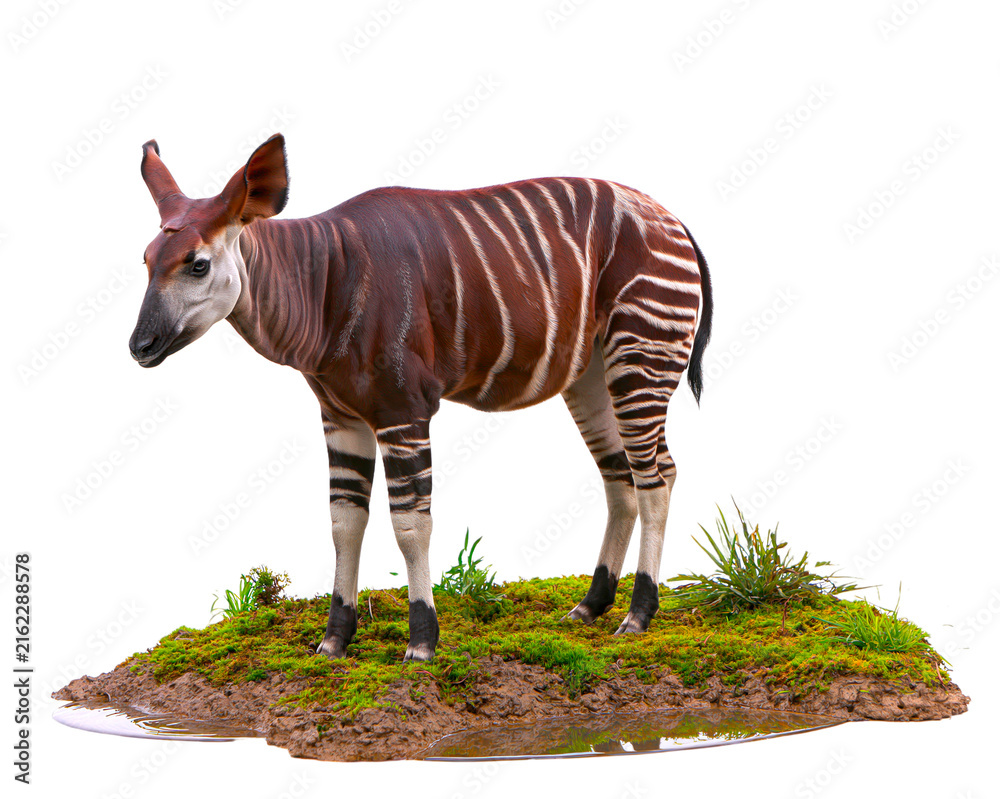 Naklejka premium Okapi standing on grassy soil patch