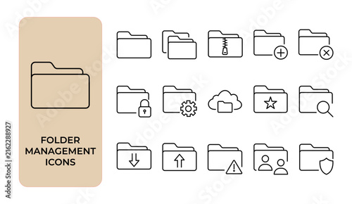 Folder Management and File Organization Line Icon Set with Cloud Storage Search Settings Upload Download and Directory Symbols