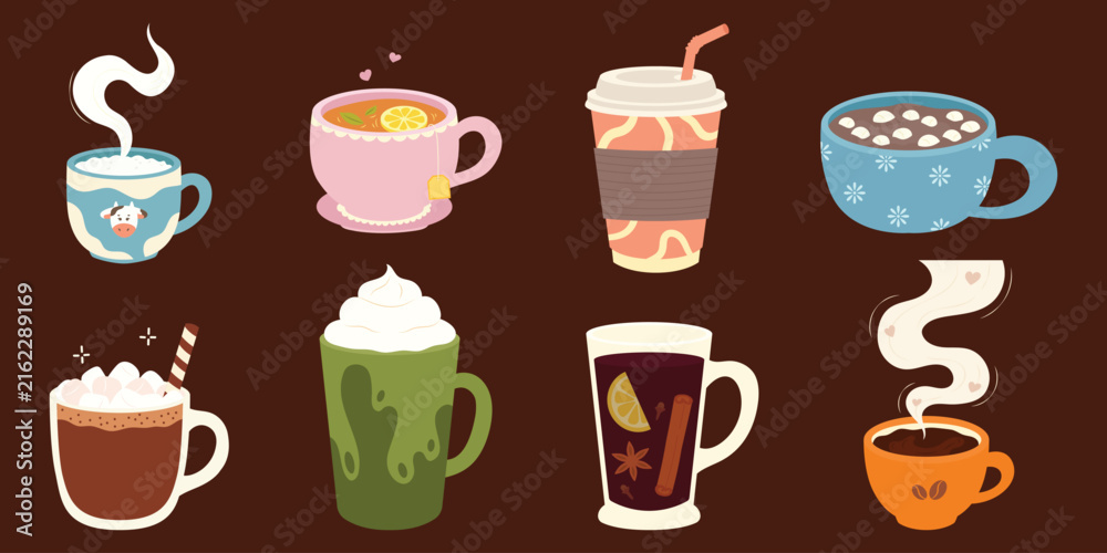 Fototapeta premium Hot drinks and coffee mugs flat icon set