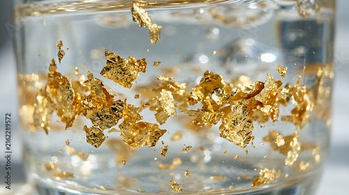 Gold leaf flakes floating in clear water glass.