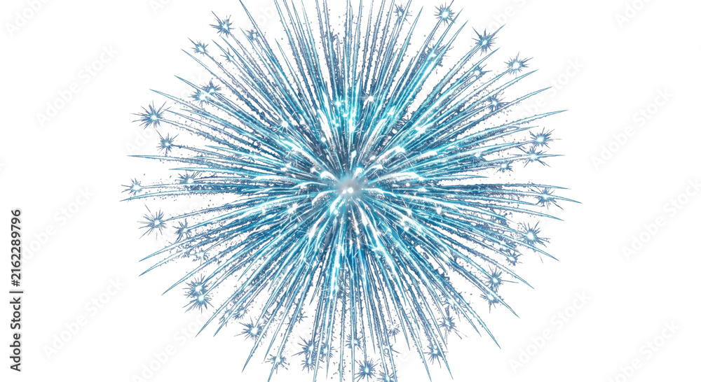 Obraz premium Exploding blue fireworks burst in a dazzling display against a white background