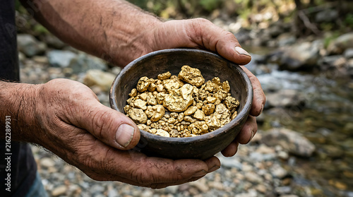Hands holding a bowl of gold nuggets outdoors.