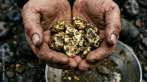 Hands holding raw gold nuggets from mining 1.