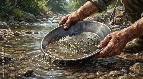 Hands panning for gold in a shallow mountain stream 1.