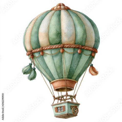 Watercolor vintage hot air balloon illustration with house basket