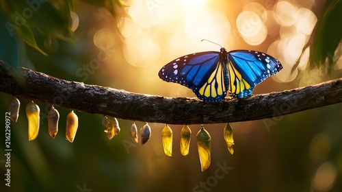 Monarch butterfly transformation nature scene golden light bokeh chrysalis wonder beauty