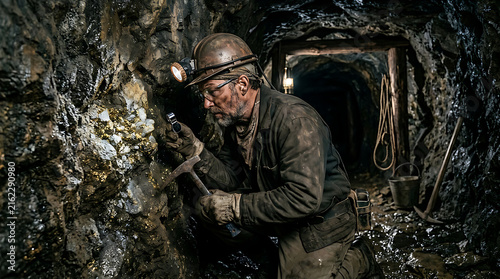 Hardworking miner in underground coal mine tunnel.
