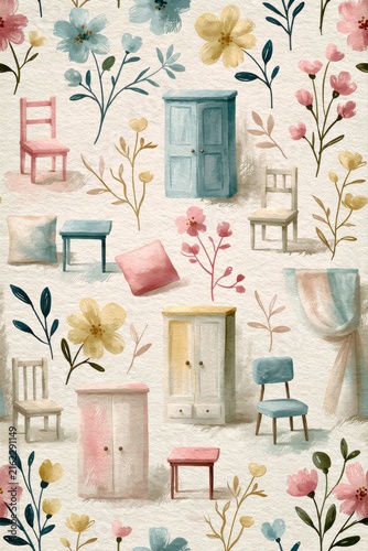 Watercolor furniture and flowers seamless pattern background