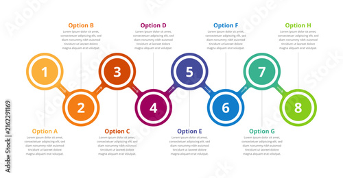 Business Infographic design with 8 steps or options. Timeline infographics template for graph, diagram, brochure, presentations slide.