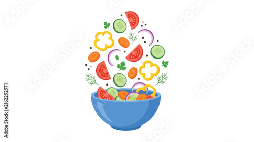 Bowl overflowing with sliced vegetables and herbs vector illustration