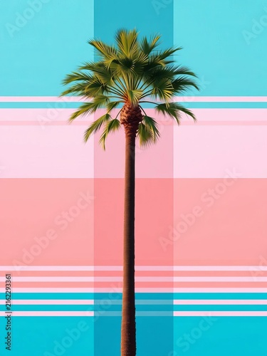 Palm tree standing tall on a striped background, retro, calm