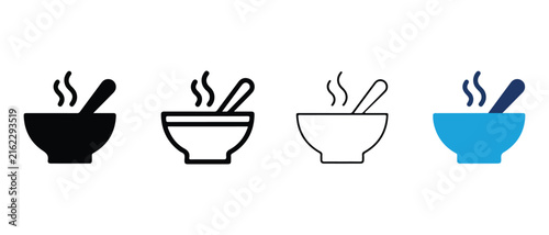 bowls of hot soup with steam and spoons in different colors isolated on transparent background