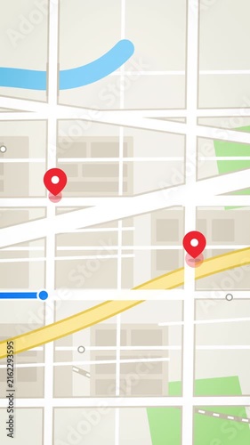 An animated vertical map traces a delivery route between two red pins across a stylized cityscape, ideal for logistics apps, travel marketing, and navigation demos.
