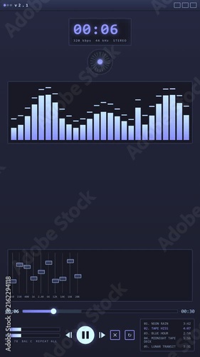 A detailed vertical music player shows a live equalizer, frequency sliders, and scrolling playlist glowing in cool blue tones, great for music apps and streaming promos.