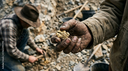 Miner holding gold nuggets in rugged hands.