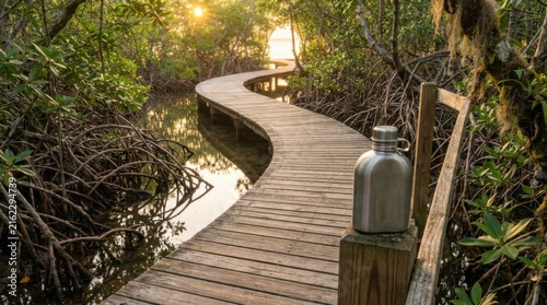 Wooden Eco Trail Through Lush Forest Wetland at Golden Hour