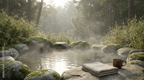 Peaceful Forest Stream With Towel and Cup in Natural Wellness Setting