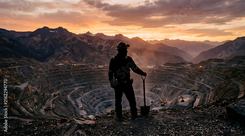 Miner standing in open pit mine at sunset.