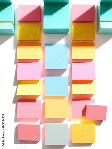 Pastel-colored squares on a white background, arranged in a creative pattern for note-taking and reminders, modern, organized