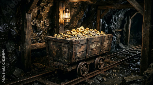 Old mining cart filled with gold nuggets in tunnel.