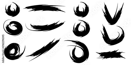 Foto Set of abstract black ink brush strokes and circular shapes isolated on a white