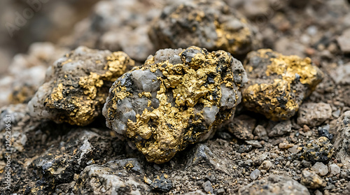 Raw gold nuggets on natural rocky surface.