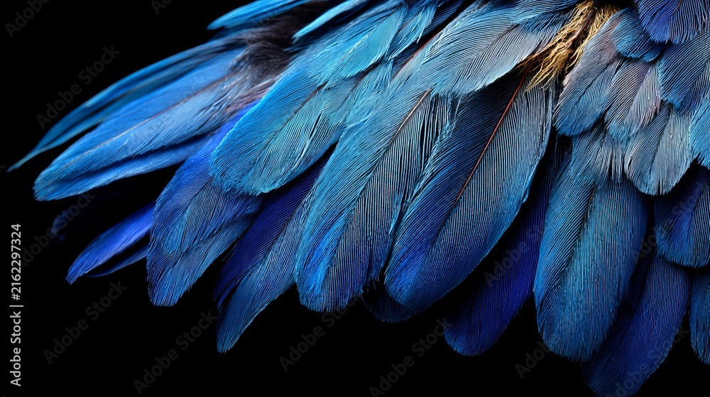 Obraz premium Vibrant blue parrot feathers arranged in elegant layers showing intricate textures and bright tropical colors against a deep black background