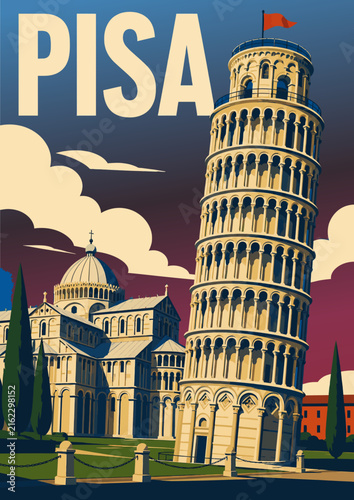 098-42-Leaning tower of pisa and duomo di pisa in a vintage travel poster style illustration