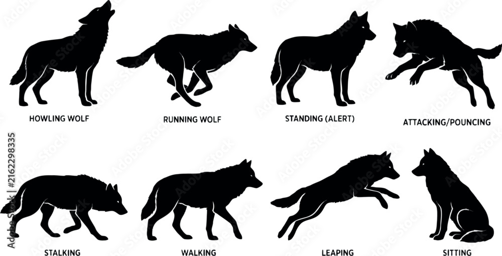 Obraz premium Collection of dynamic wolf silhouettes in various poses during a hunt against a clean background vector