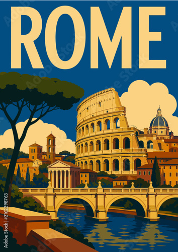 098-48-Rome city panorama featuring the colosseum, river, and historic buildings in a vintage travel poster style