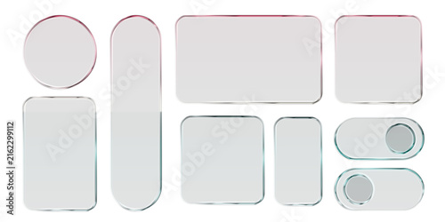 Glass liquid ui button set with transparent 3d effect - rectangle frame box elements in various sizes and proportions, glossy morphism style borders for modern interface design on light background.