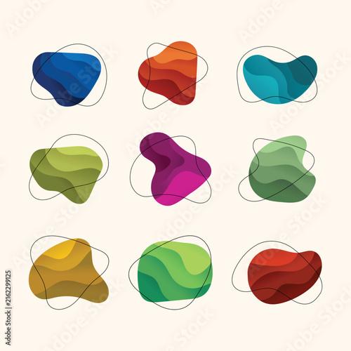 abstract organic shapes with layered gradients and black outlines in vivid colors