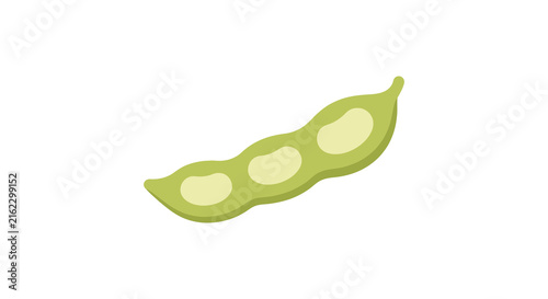 A green soybean pod with three visible beans is presented in a flat vector style