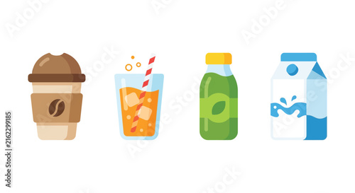 Four beverage icons depict coffee juice smoothie and milk in a flat vector style