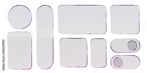 Glass liquid ui button set with transparent 3d effect - rectangle frame box elements in various sizes and proportions, glossy morphism style borders for modern interface design on light background.