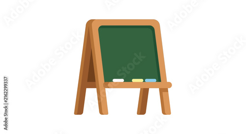 Wooden easel with a dark green chalkboard stands on a white background