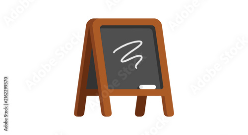 Wooden chalkboard easel with a gray slate and a simple scribble design is displayed