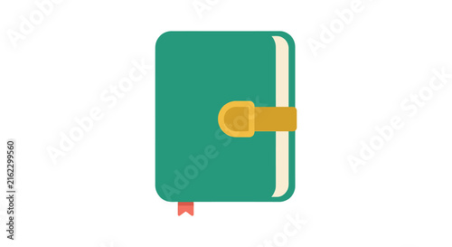 Closed teal notebook with a yellow clasp rests on a white background